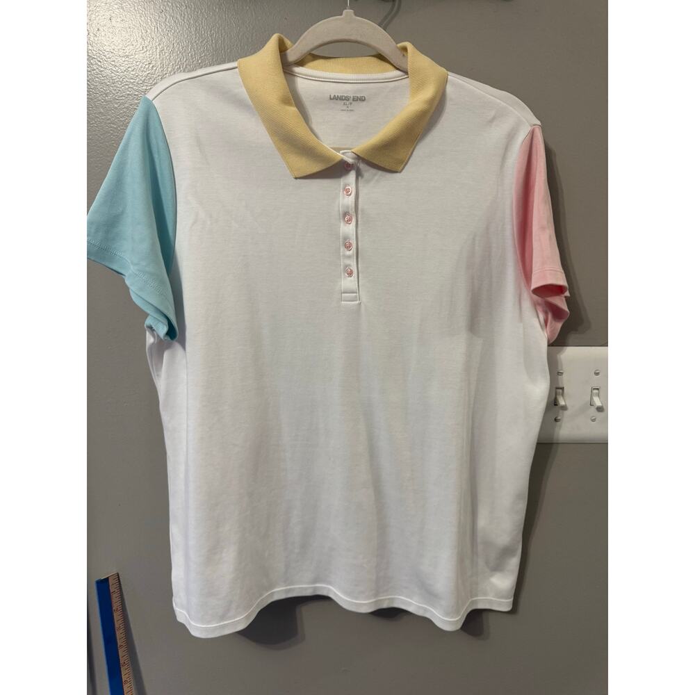 Lands' End Women's Short Sleeve Classic Fit Polo Shirt Color Block Sz XL Petite